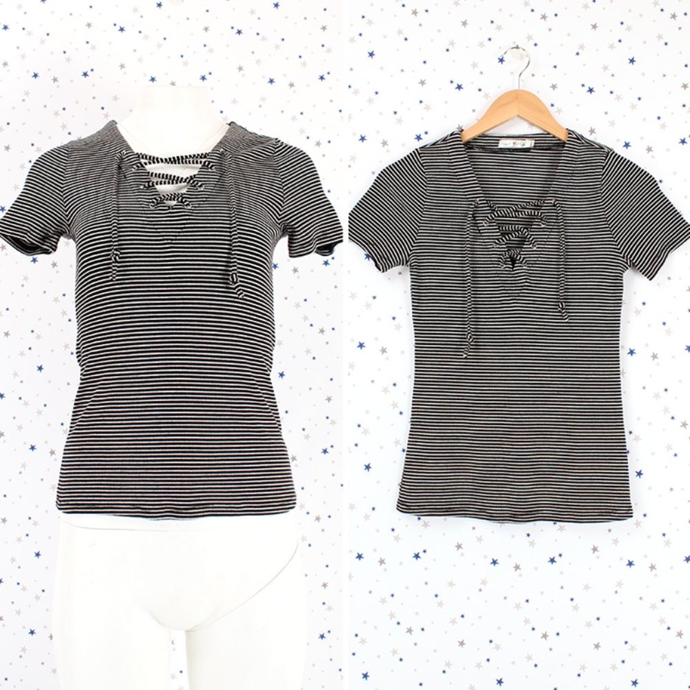 Striped Lace Up Ribbed Knit Top Black Off White